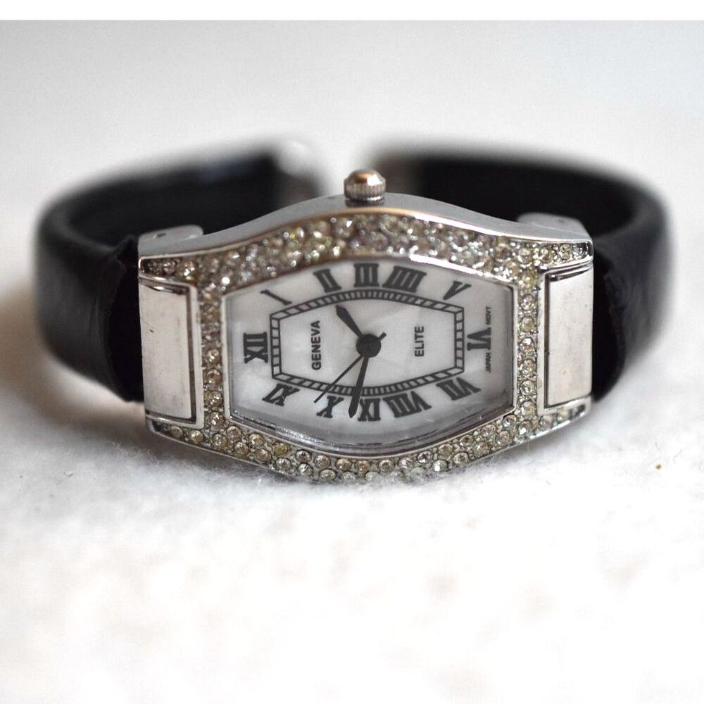 Mother Of Pearl Face Rhinestones Accent Geneva Elite Black 5" Cuff Watch